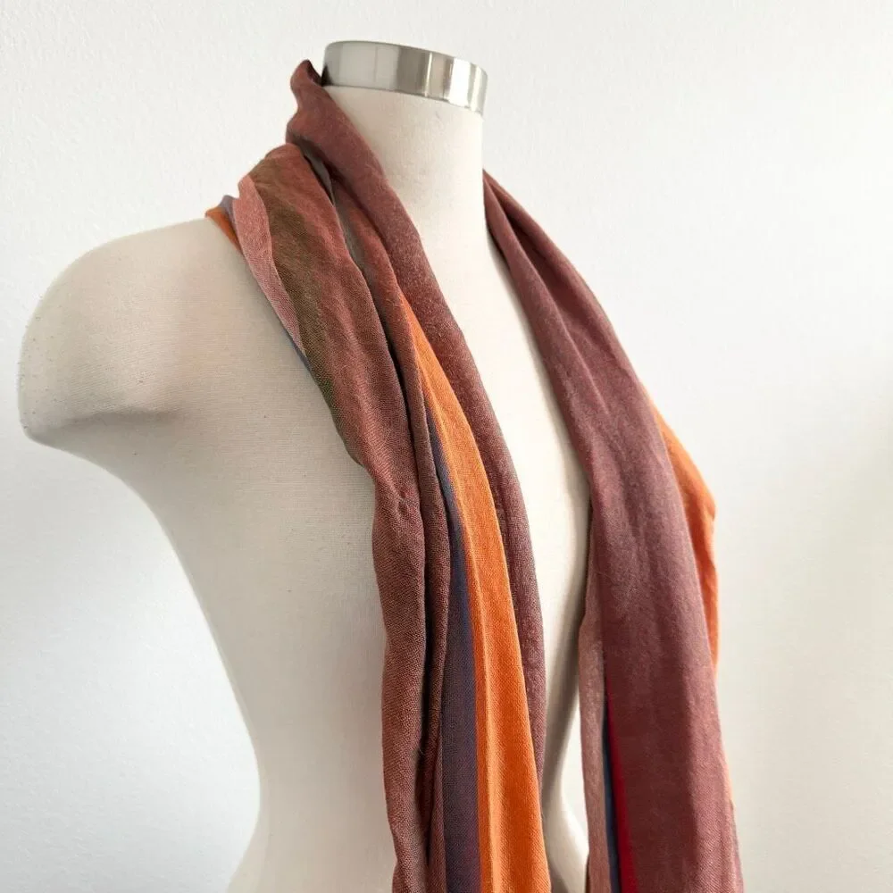 Y2K Rust Orange Blue Scarf Neck Stripe Striped Fringe Linen Long